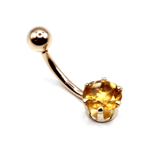 14K Yellow or White Gold Solitaire Belly Ring with a 7mm Round "November" Birthstone Genuine Citrine