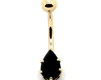 14K Yellow Gold Solitaire Navel Belly Ring with 9x6mm Pear Shaped Back Onyx