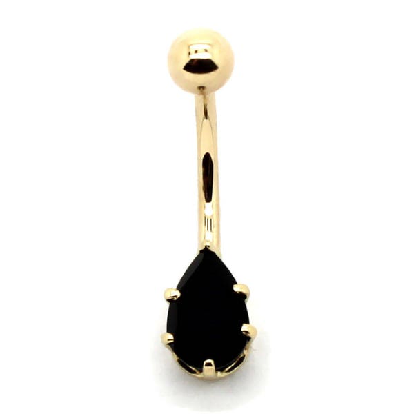 14K Yellow Gold Solitaire Navel Belly Ring with 9x6mm Pear Shaped Back Onyx