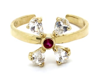 14K Yellow Gold Adjustable Cluster Clover Toe Ring with CZ