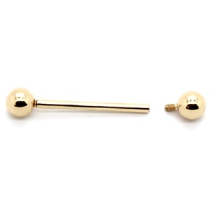 14K Yellow or White Gold Straight Barbell Internal Threading with Screwball – Sizes 12G-18G