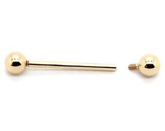 14K Yellow or White Gold Straight Barbell Internal Threading with Screwball – Sizes 12G-18G