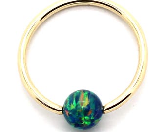14K Yellow or White Gold Captive Belly Ring Ring with Green Opal Bead – Sizes 14G-20G