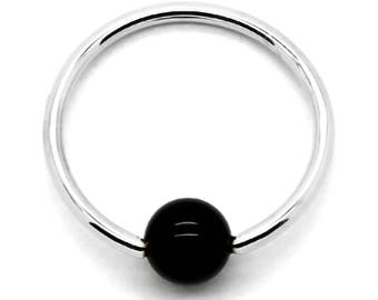14K Solid White Gold Captive Belly Ring with Black Onyx Bead 14G-20G