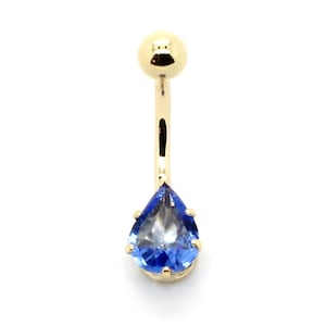 14K Yellow Gold Solitaire Belly Ring With 9x7mm Pear Shaped Blue Zircon ...