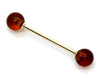 14K Yellow or White Gold Straight Barbell with Amber Beads – Sizes 14G-18G