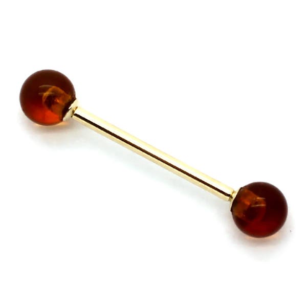 14K Yellow or White Gold Straight Barbell with Amber Beads – Sizes 14G-18G