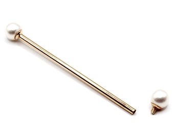 14K Yellow or White Gold Industrial Scaffold Straight Barbell with White Akoya Pearls Internal Threading  – Sizes 12G-16G