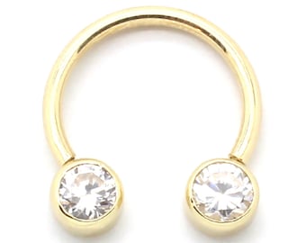 14K Yellow or White Gold Circular Horseshoe Barbell with Bezel CZ – Sizes 12G-18G