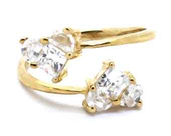 14K Yellow Gold Adjustable Crossover Double Heart Toe Ring with CZ