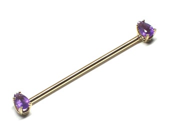 Piercing industrial tipo andamio y para pezón en oro amarillo de 14 quilates con barra recta y amatista en forma de pera (tallas 14-16 G)