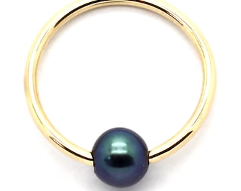 14K Solid Yellow or White Gold Captive Belly Ring with Peacock Pearl Bead 14G-20G
