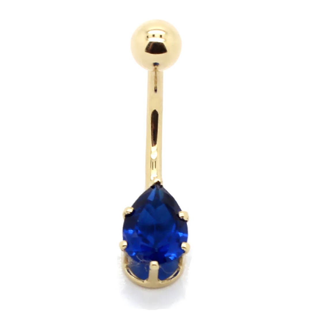 14K Yellow Gold Solitaire Belly Ring With 9x6mm Pear Shaped Blue Spinel ...