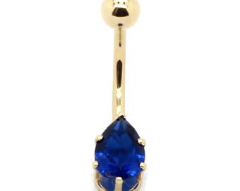 14K Yellow Gold Solitaire Belly Ring with 9x6mm Pear Shaped Blue Spinel