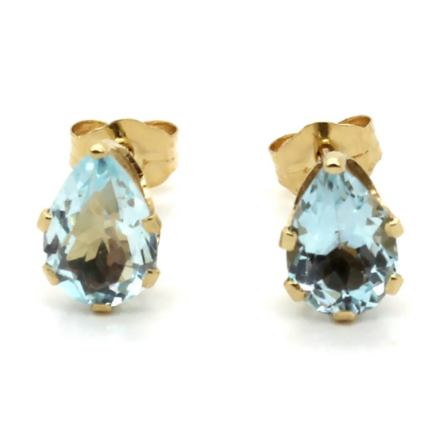 14K Yellow Gold 7x5mm Pear Shaped Sky Blue Topaz Stud Earrings | Etsy