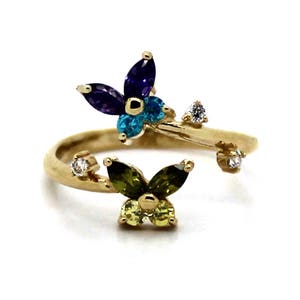 14K Yellow Gold Adjustable Butterflies Toe Ring with Multicolored CZ