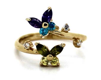 14K Yellow Gold Adjustable Butterflies Toe Ring with Multicolored CZ