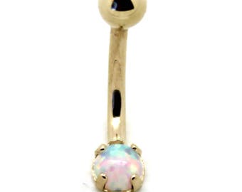 14K Yellow Gold Solitaire Belly Ring with 4mm Round Opal