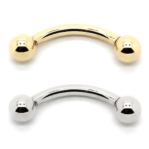 14K Yellow Gold Curved Barbells in 10G,12G, 14G, 16G, 18G With