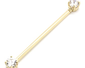 14K Yellow or White Gold Industrial Scaffold Straight Barbell with Round CZ – Sizes 12G-16G