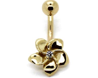 14K Yellow Gold Windmill Flower Belly Ring with CZ