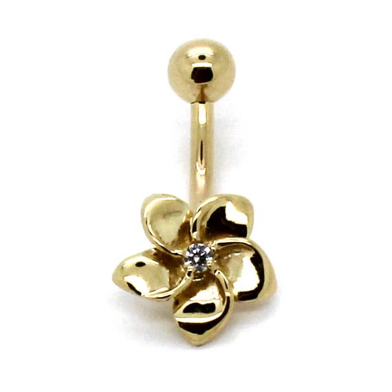 14k Yellow Gold Solid CZ Center Plumeria Flower Belly Button Ring 14k Yellow Gold Solid CZ Center Plumeria Flower Belly Button Ring