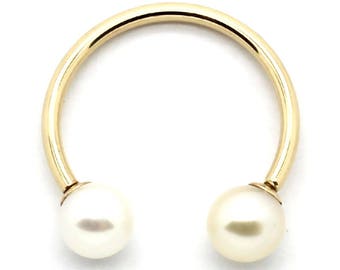 14K Yellow Gold Circular Horseshoe Barbell with Akoya Pearls – Sizes 14G-18G