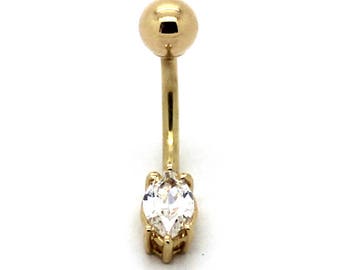 14K Yellow or White Gold Solitaire Marquise Belly Ring with CZ
