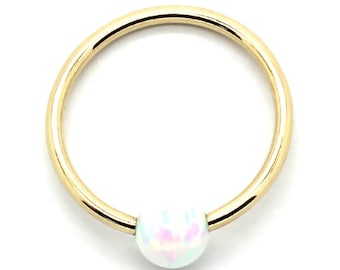 14K Yellow or White Gold Captive Belly Ring Ring with White Opal Bead – Sizes 14G-20G