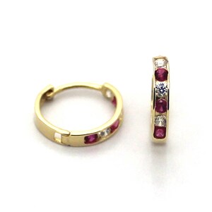 14K Yellow or White Gold Huggie Earrings with Round Red and Clear CZ