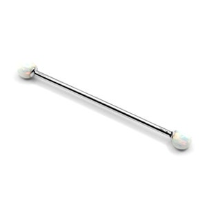 May include: A silver barbell with white opal ends. The barbell is approximately 3/8 inch in diameter.