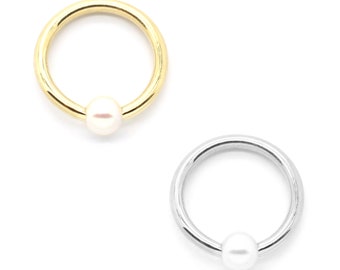 14K Yellow or White Gold Captive Bead Cultured Pearl Ring – Sizes 14G-20G