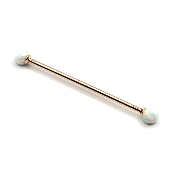 14K Yellow or White Gold Industrial Scaffold Straight Barbell with Screw White Opal Beads– Sizes 10G-16G