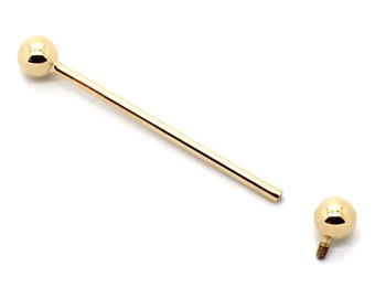 14K Yellow or White Gold Industrial Scaffold Straight Barbell Internal Threading with Screwball – Sizes 10G-16G