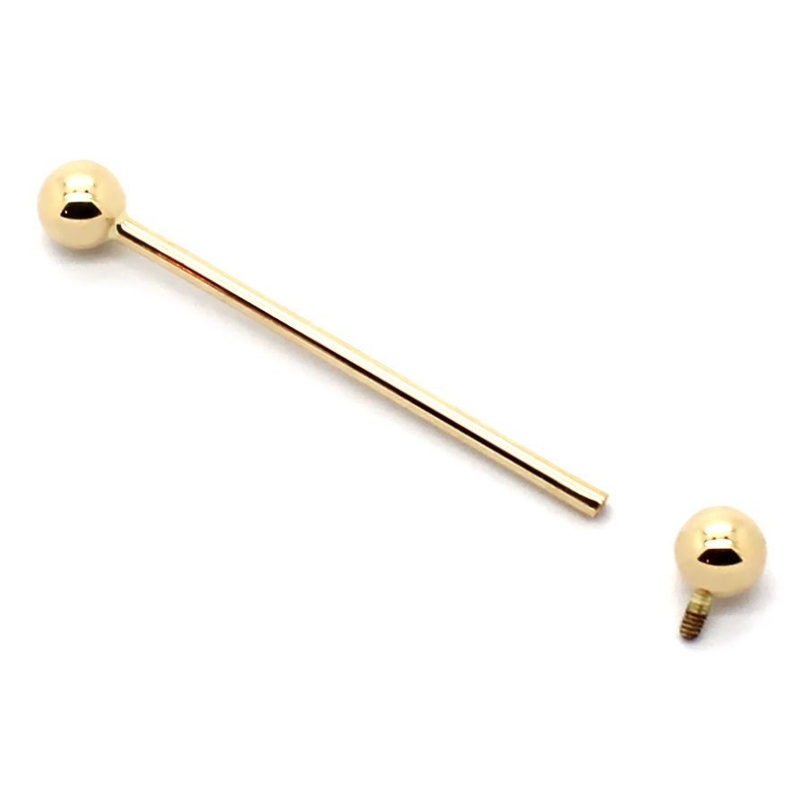 14K Yellow or White Gold Industrial Scaffold Straight Barbell Internal Threading with Screwball – Sizes 10G-16G