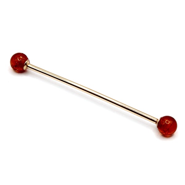 14K Yellow or White Gold Industrial Scaffold Straight Barbell with Screw Amber Beads– Sizes 10G-16G