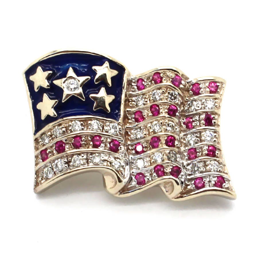 Broche Vintage Drapeau USA En Or Avec Cristaux - Diamant, Rubis, Saphir - État Impeccable