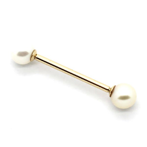 14K Yellow or White Gold Straight Barbell with Akoya Pearls – Sizes 14G-18G