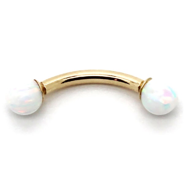 14K Yellow or White Gold Curved Barbell with White Opals – Sizes 12G-18G