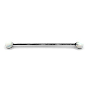 May include: A silver barbell with white opal ends. The barbell is a type of body jewelry.