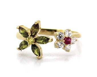 14K Yellow or White Gold Adjustable Flowers Toe Ring with Multicolored CZ