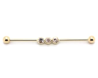 14K Yellow or White Gold Straight Industrial Scaffold Barbell with Triple Bezel CZ – Sizes 12G-16G