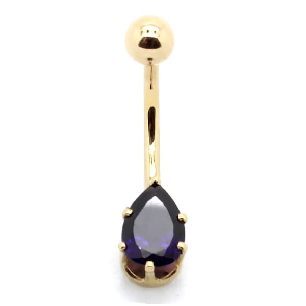 14K Yellow Gold Solitaire Belly Ring with 9x6mm Pear Shaped Amethyst