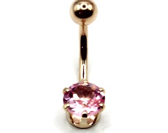 14K Yellow or White Solitaire Belly Ring with a 7mm Round "October" Birthstone Genuine Pink Tourmaline