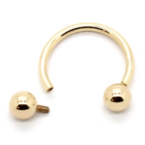 May include: Gold circular barbell with two ball ends. The barbell is separated into two pieces, the circular piece and the ball end with a threaded post.