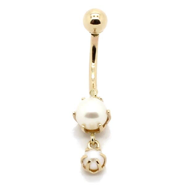 14K Yellow or White Gold Double Dangling Belly Ring with 6mm and 4mm Akoya Pearls