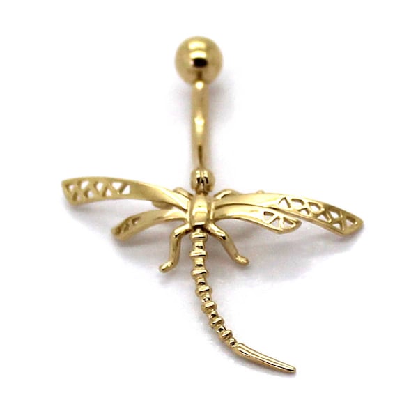 14K Yellow Gold Dangling Dragonfly Belly Ring