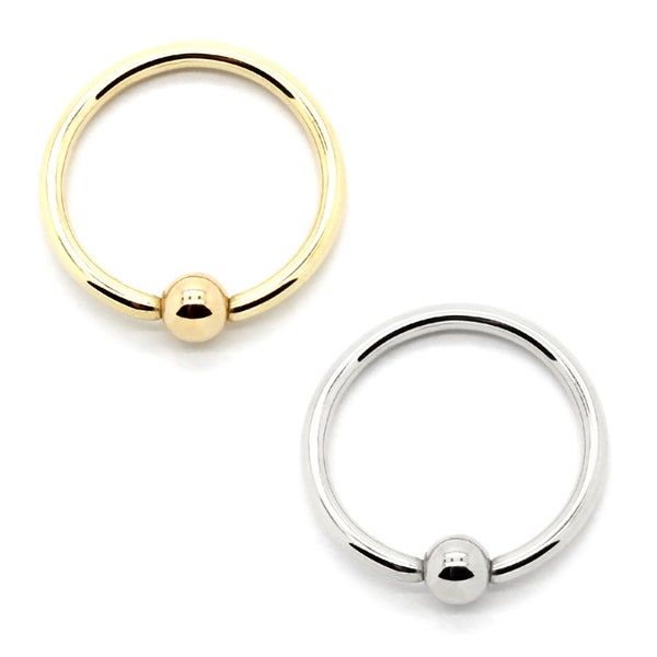 14K Yellow Gold or 14K White Gold Captive Bead Ring, -, Ball Closure Earring, Ball Nose Ring Hoop, Real Gold Lip Ring, 12G-20G