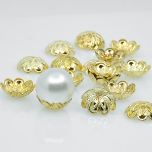 Bead Caps 16 mm Large, Fit 16-20 mm Beads, Gold Floral Design Real Gold plated Brass Flower Cap Ends - Bead Caps End Caps Metal Caps
