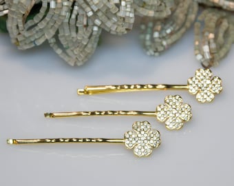 3 pcs. Barrette Bobby Pin, Hair Clip Rhinestone, cloverleaf shape, Vintage jewelry - hair clip hair clip with rhinestones shamrock